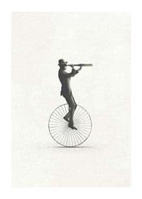Illustration of man on unicycle with hat and binoculars, black and white-1