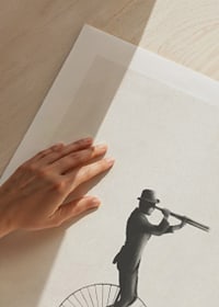 Illustration of man on unicycle with hat and binoculars, black and white-9