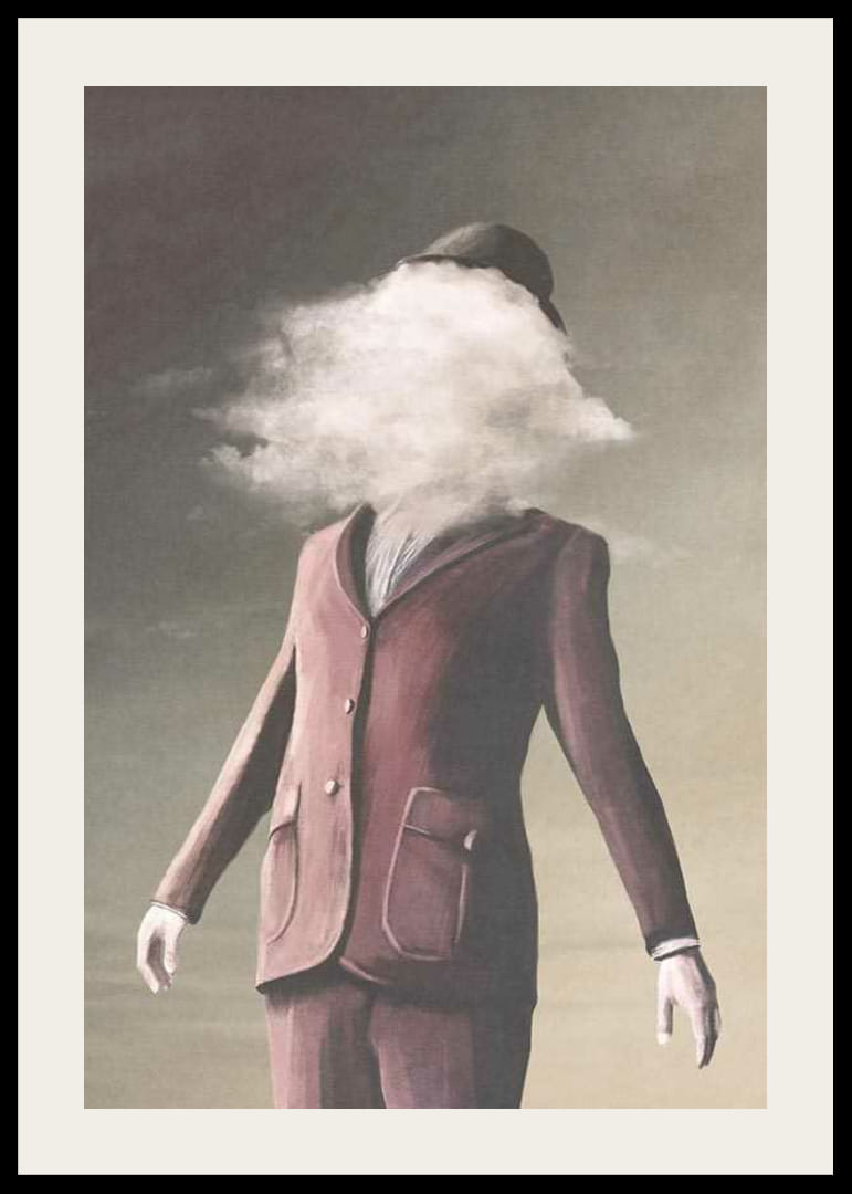 Surrealistisk målning av man i vinröd kostym med moln som ansikte-12