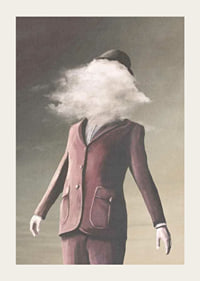 Surrealistic painting of man in burgundy suit with cloud as face-3