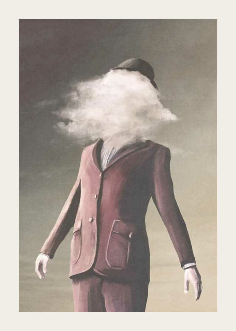 Surrealistisk målning av man i vinröd kostym med moln som ansikte-12