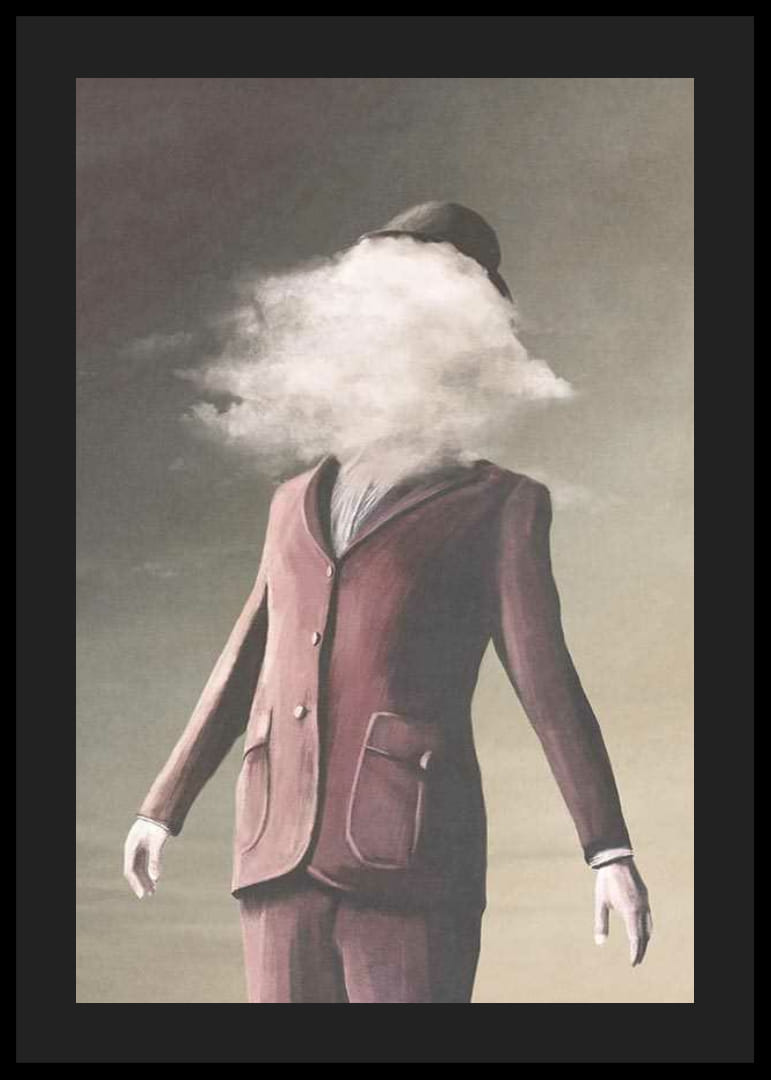 Surrealistisk målning av man i vinröd kostym med moln som ansikte-12