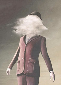 Surrealistic painting of man in burgundy suit with cloud as face-7