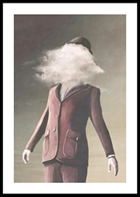 Surrealistic painting of man in burgundy suit with cloud as face-0