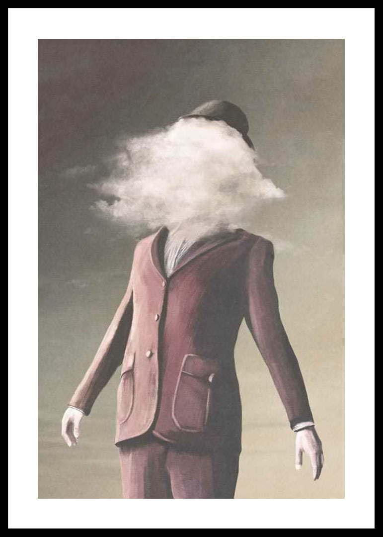Surrealistic painting of man in burgundy suit with cloud as face-12