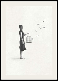 Illustrated woman with birdcage and flying butterflies-2