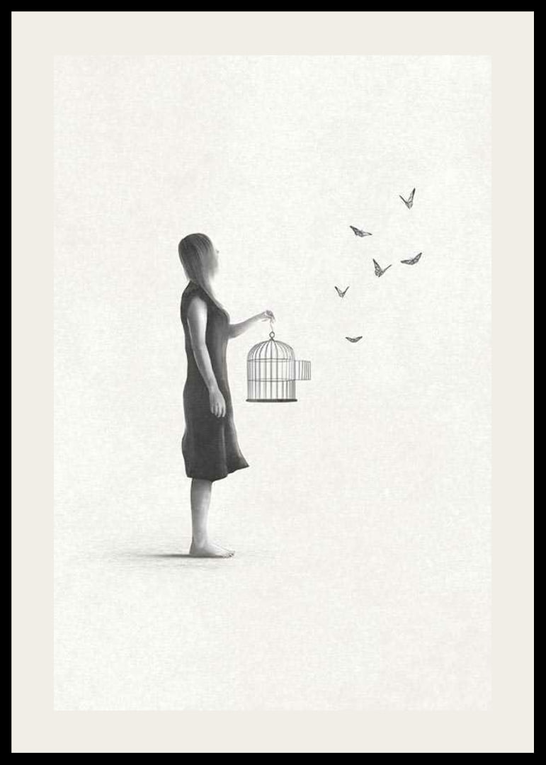 Illustrated woman with birdcage and flying butterflies-12