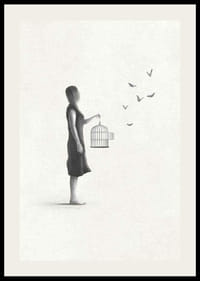 Illustrierte Frau mit Vogelkäfig und fliegenden Schmetterlingen-2