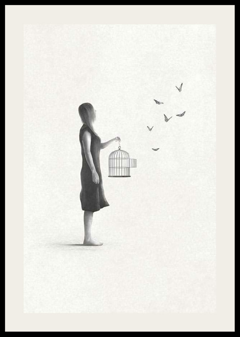 Illustrierte Frau mit Vogelkäfig und fliegenden Schmetterlingen-12