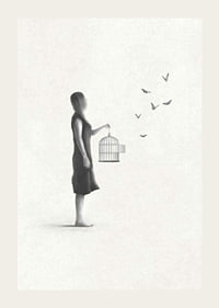 Illustrated woman with birdcage and flying butterflies-3
