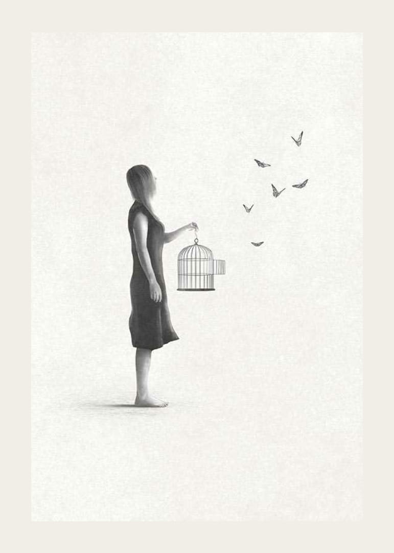Illustrierte Frau mit Vogelkäfig und fliegenden Schmetterlingen-12