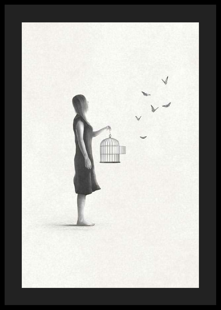 Illustrated woman with birdcage and flying butterflies-12
