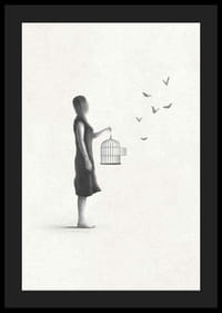 Illustrierte Frau mit Vogelkäfig und fliegenden Schmetterlingen-4