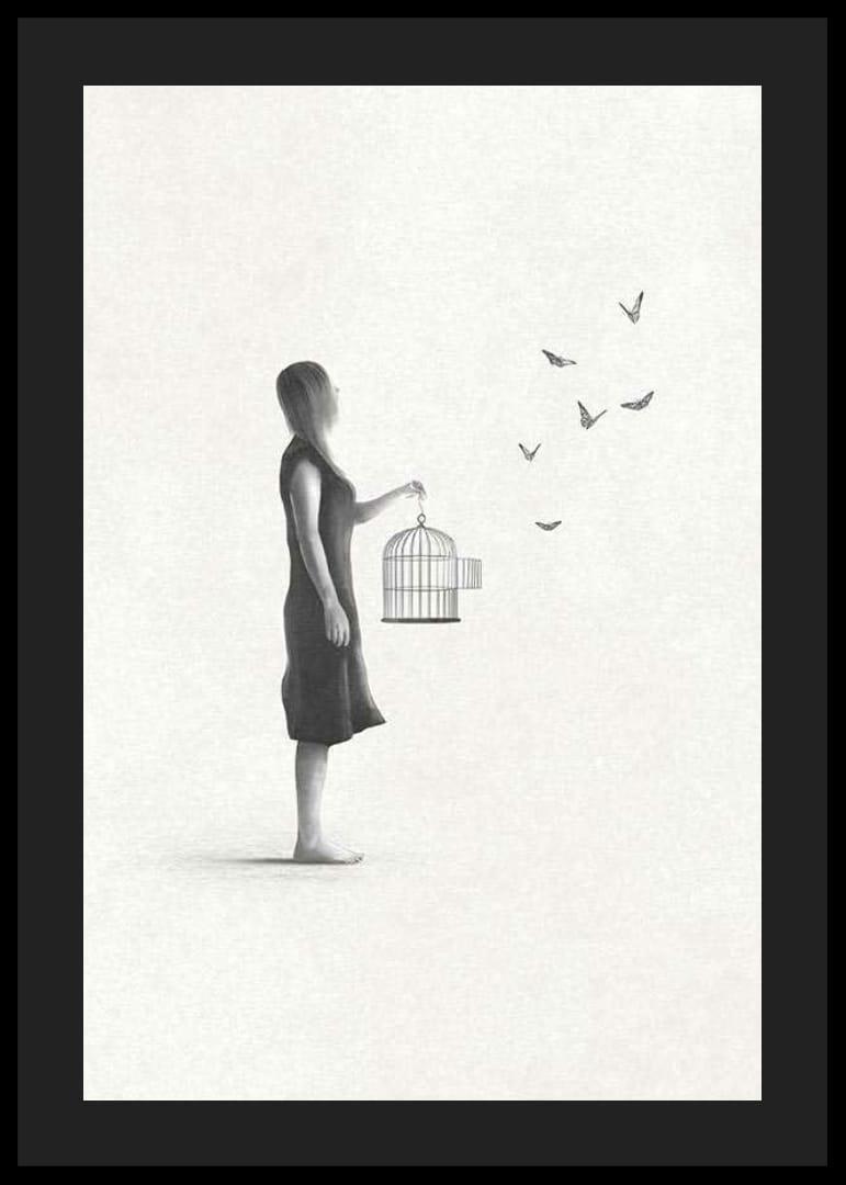 Illustrierte Frau mit Vogelkäfig und fliegenden Schmetterlingen-12