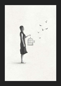 Illustrated woman with birdcage and flying butterflies-5