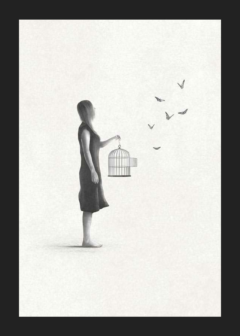 Illustrated woman with birdcage and flying butterflies-12
