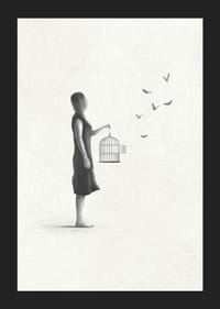 Illustrierte Frau mit Vogelkäfig und fliegenden Schmetterlingen-5