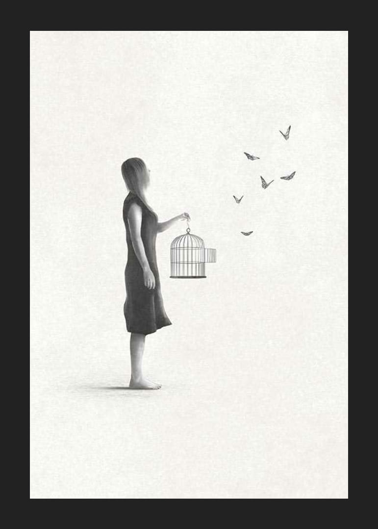 Illustrierte Frau mit Vogelkäfig und fliegenden Schmetterlingen-12