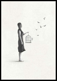 Illustrated woman with birdcage and flying butterflies-6
