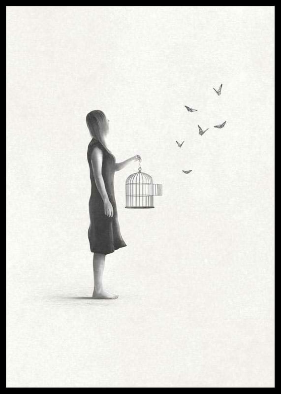 Illustrated woman with birdcage and flying butterflies-12