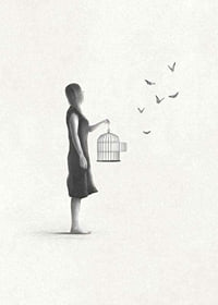 Illustrated woman with birdcage and flying butterflies-7