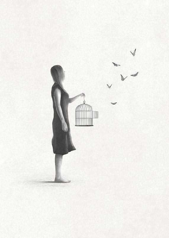 Illustrated woman with birdcage and flying butterflies-12