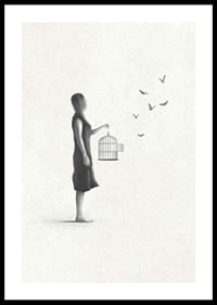 Illustrated woman with birdcage and flying butterflies-0