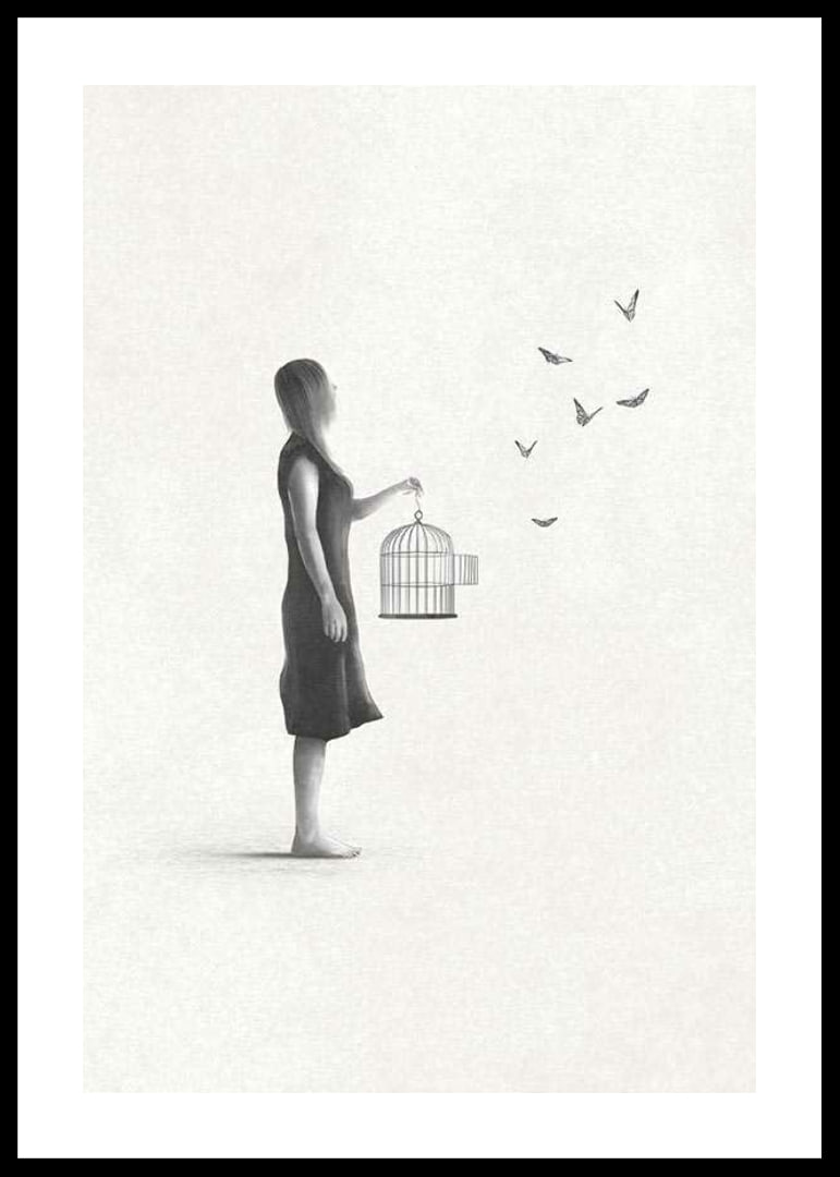Illustrated woman with birdcage and flying butterflies-12