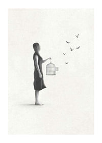Illustrated woman with birdcage and flying butterflies-1