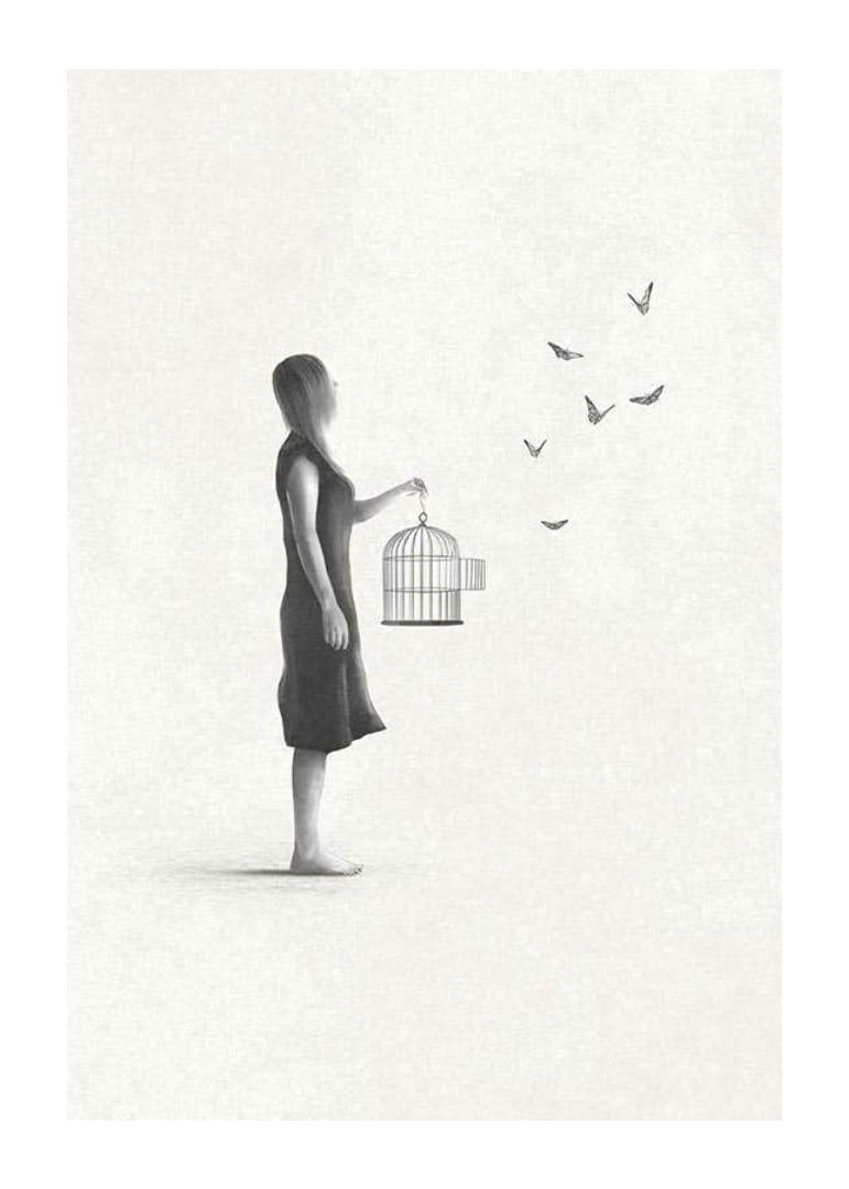 Illustrated woman with birdcage and flying butterflies-12