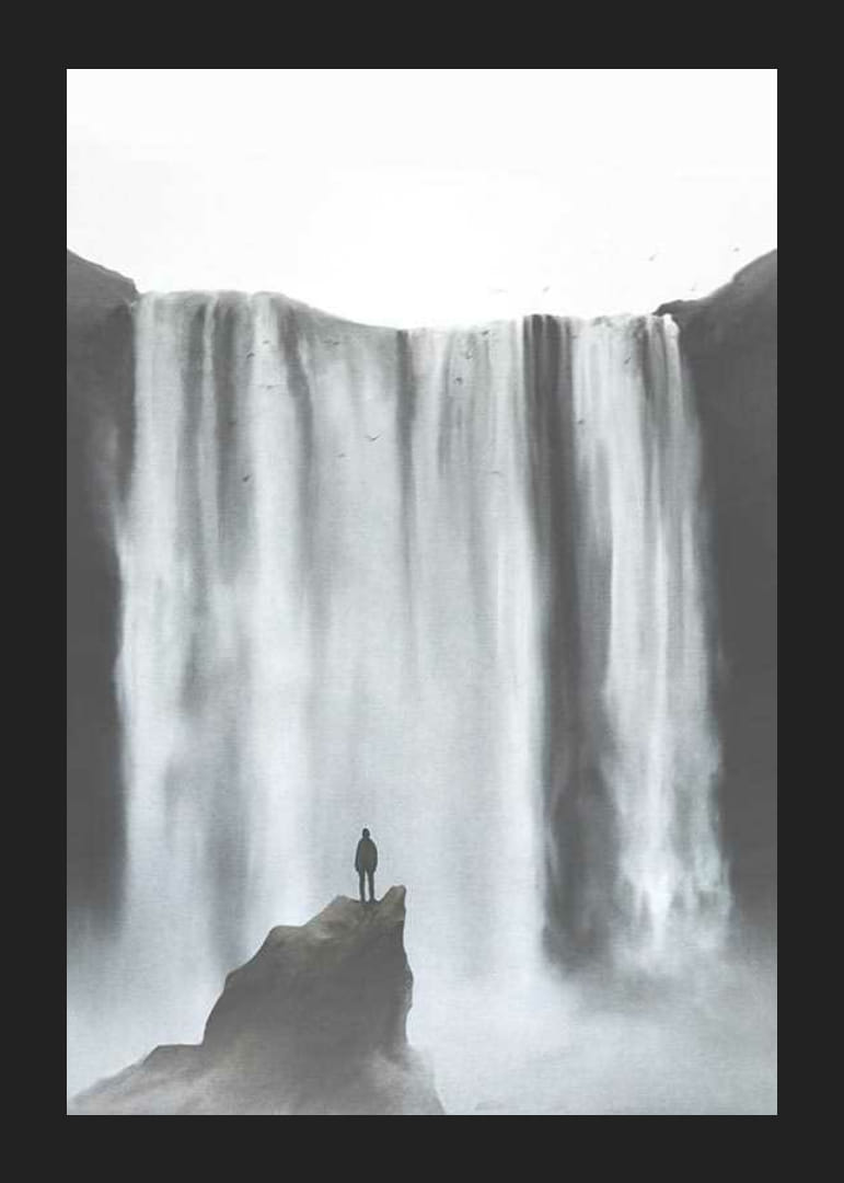 Ilustrovaná silueta osamelého človeka pri veľkom vodopáde-12