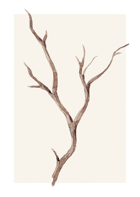 Watercolor of brown tree branch against light beige background-12