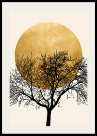 Albero astratto con rami neri e sottili contro un cerchio di sole giallo-2