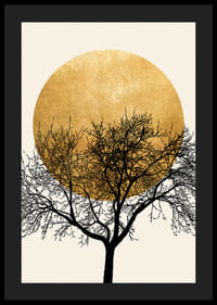 Albero astratto con rami neri e sottili contro un cerchio di sole giallo-4