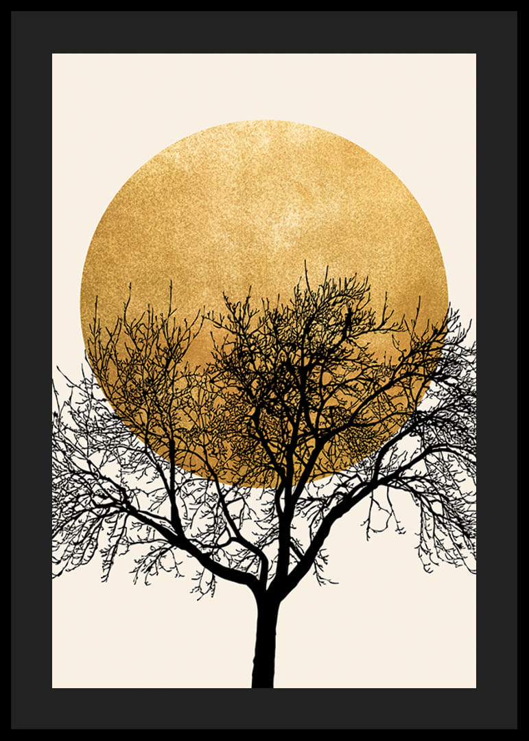 Albero astratto con rami neri e sottili contro un cerchio di sole giallo-12