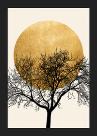 Albero astratto con rami neri e sottili contro un cerchio di sole giallo-5