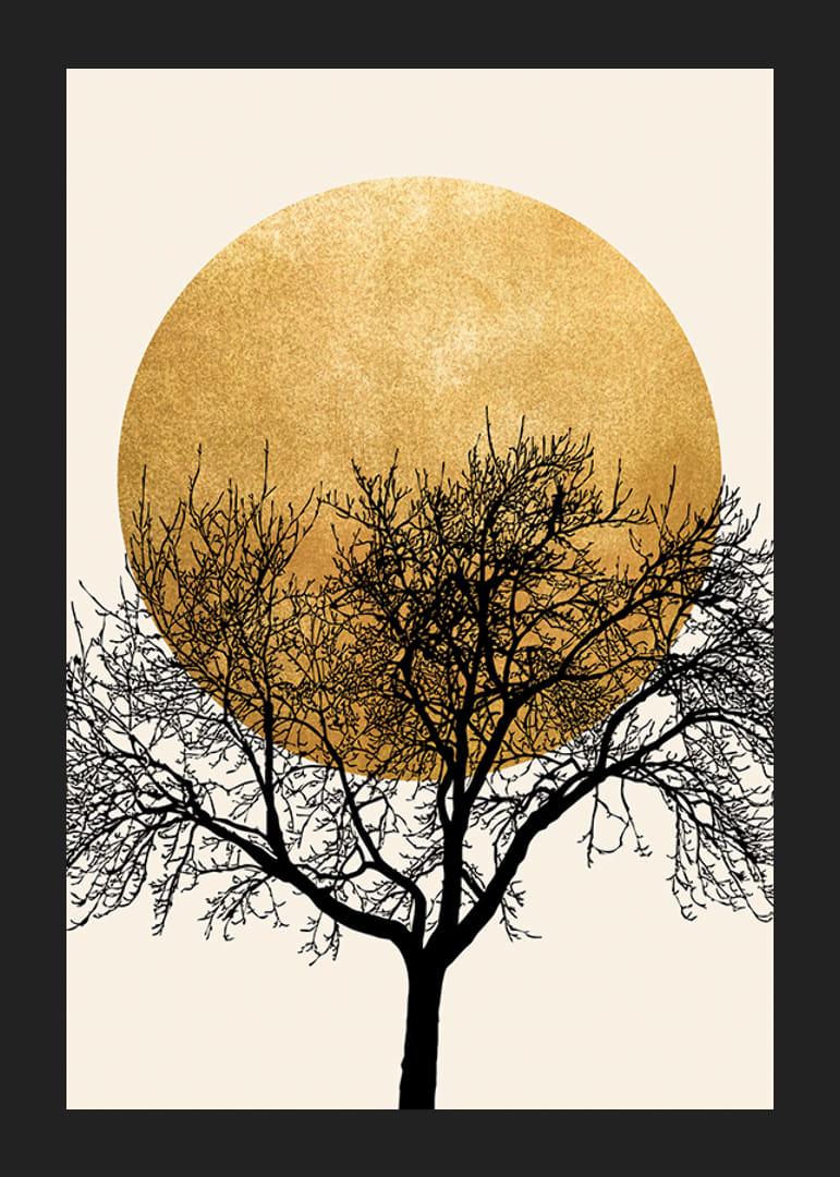 Albero astratto con rami neri e sottili contro un cerchio di sole giallo-12
