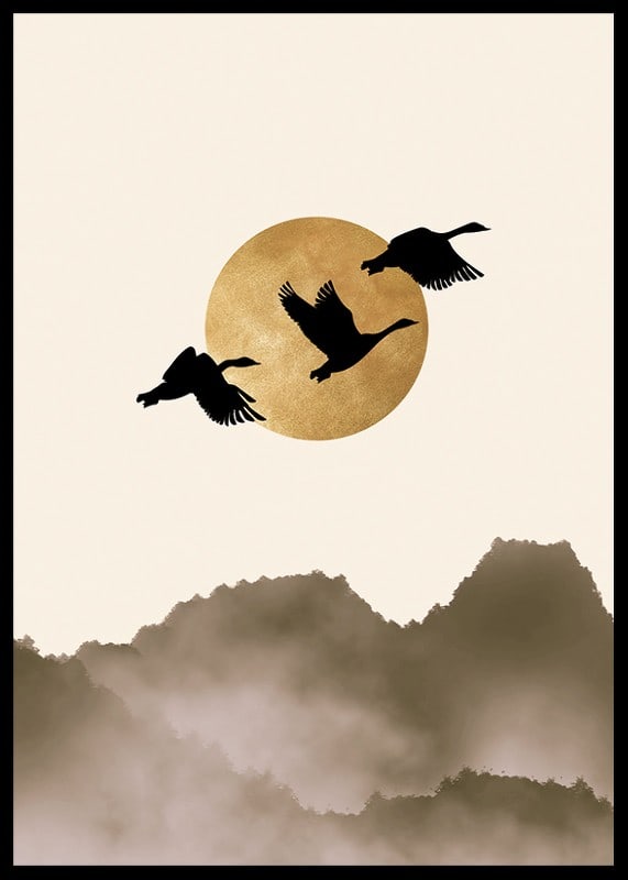 Abstract illustration of three birds against yellow sun and foggy mountains-12