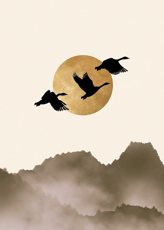 Abstract illustration of three birds against yellow sun and foggy mountains-12