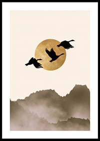 Abstract illustration of three birds against yellow sun and foggy mountains-0