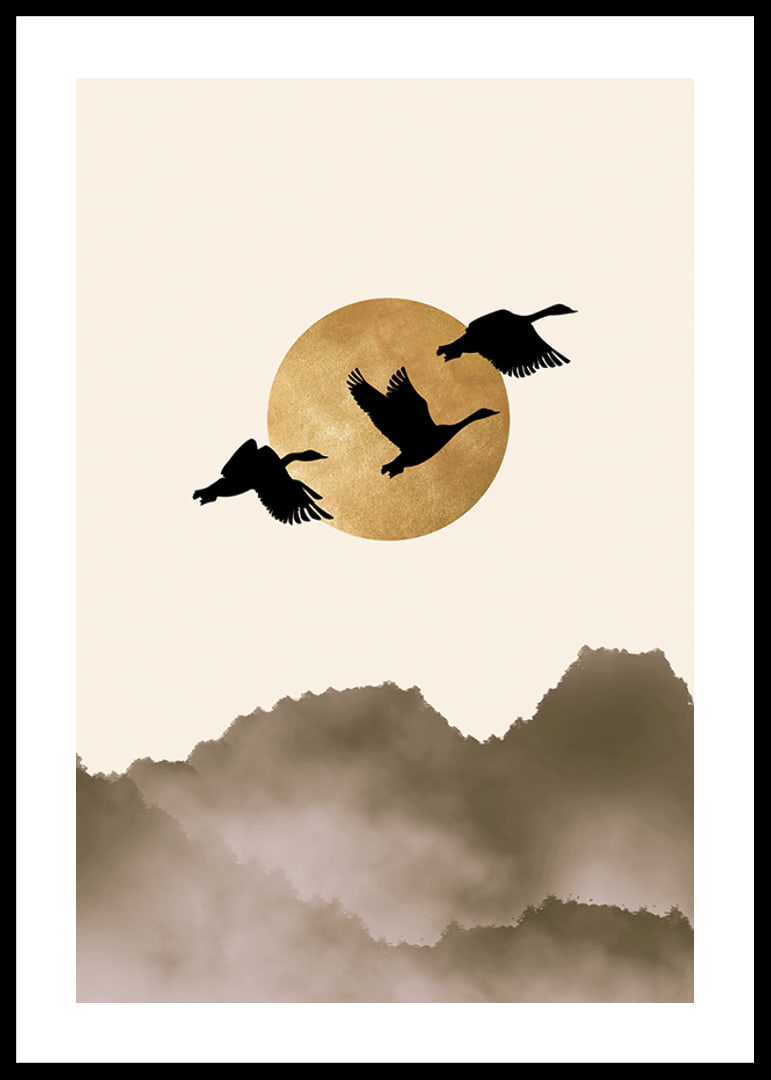 Abstract illustration of three birds against yellow sun and foggy mountains-12