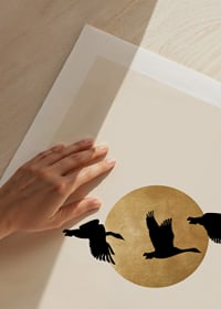 Abstract illustration of three birds against yellow sun and foggy mountains-9