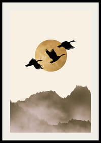 Abstrakt illustration av tre fåglar mot gul sol och dimmiga berg-2