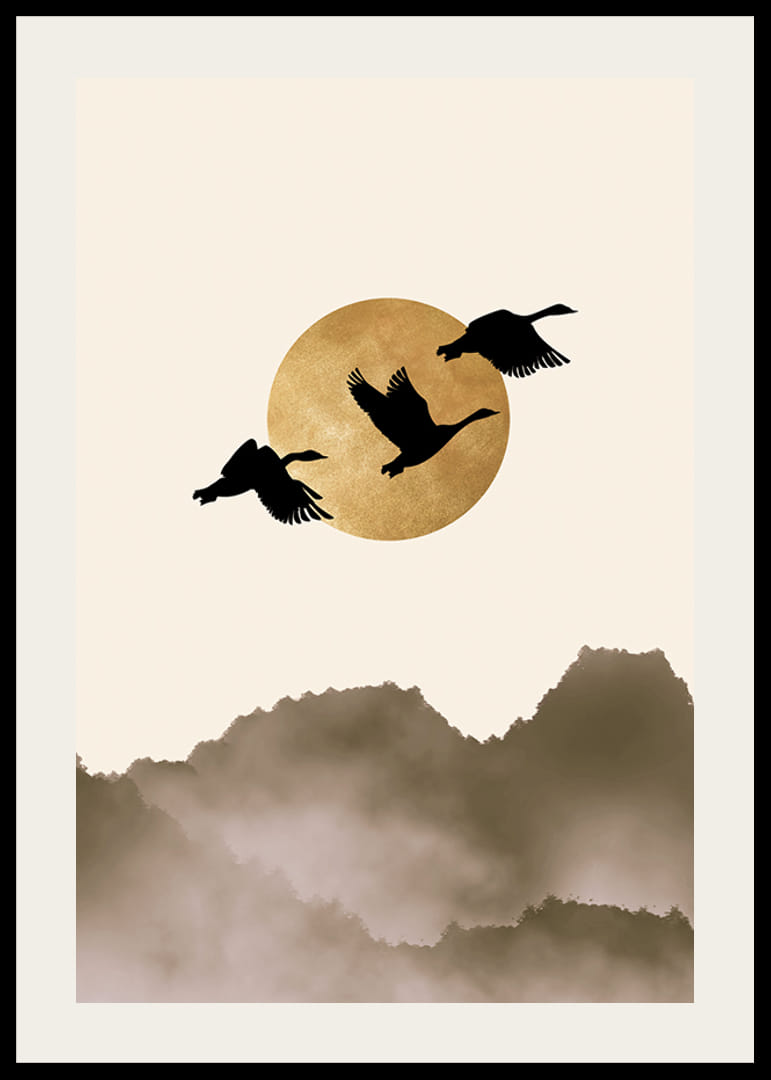 Abstrakt illustration av tre fåglar mot gul sol och dimmiga berg-12