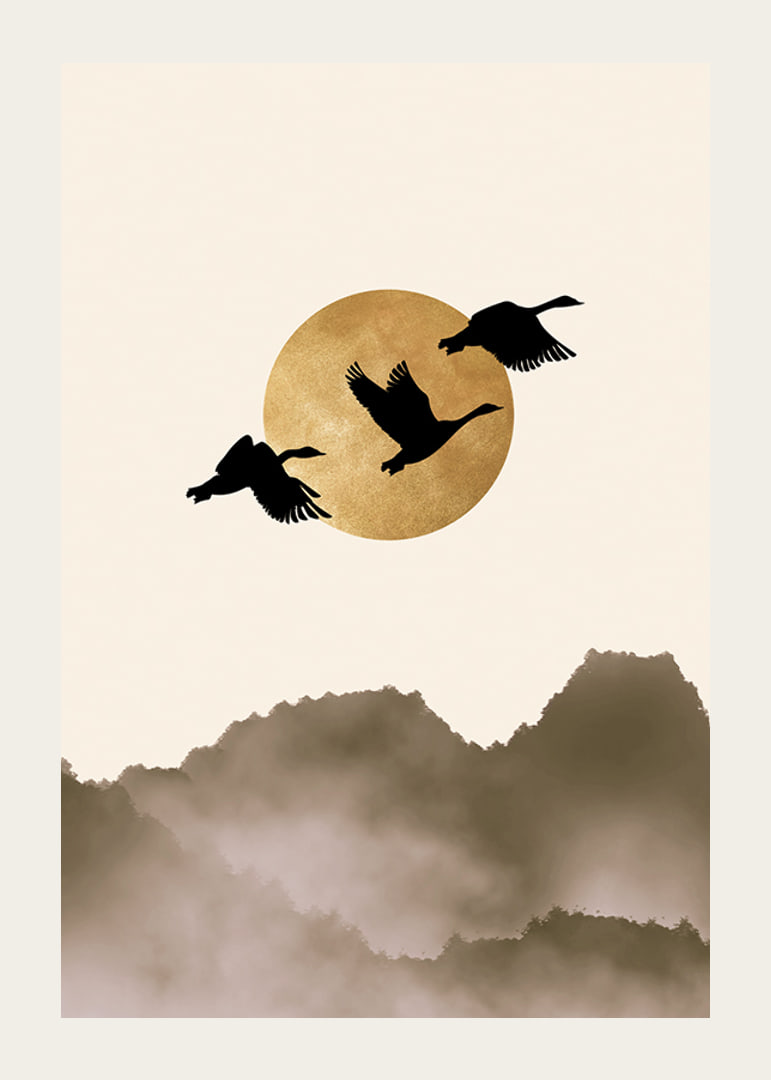 Abstract illustration of three birds against yellow sun and foggy mountains-12
