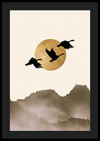 Abstract illustration of three birds against yellow sun and foggy mountains-4