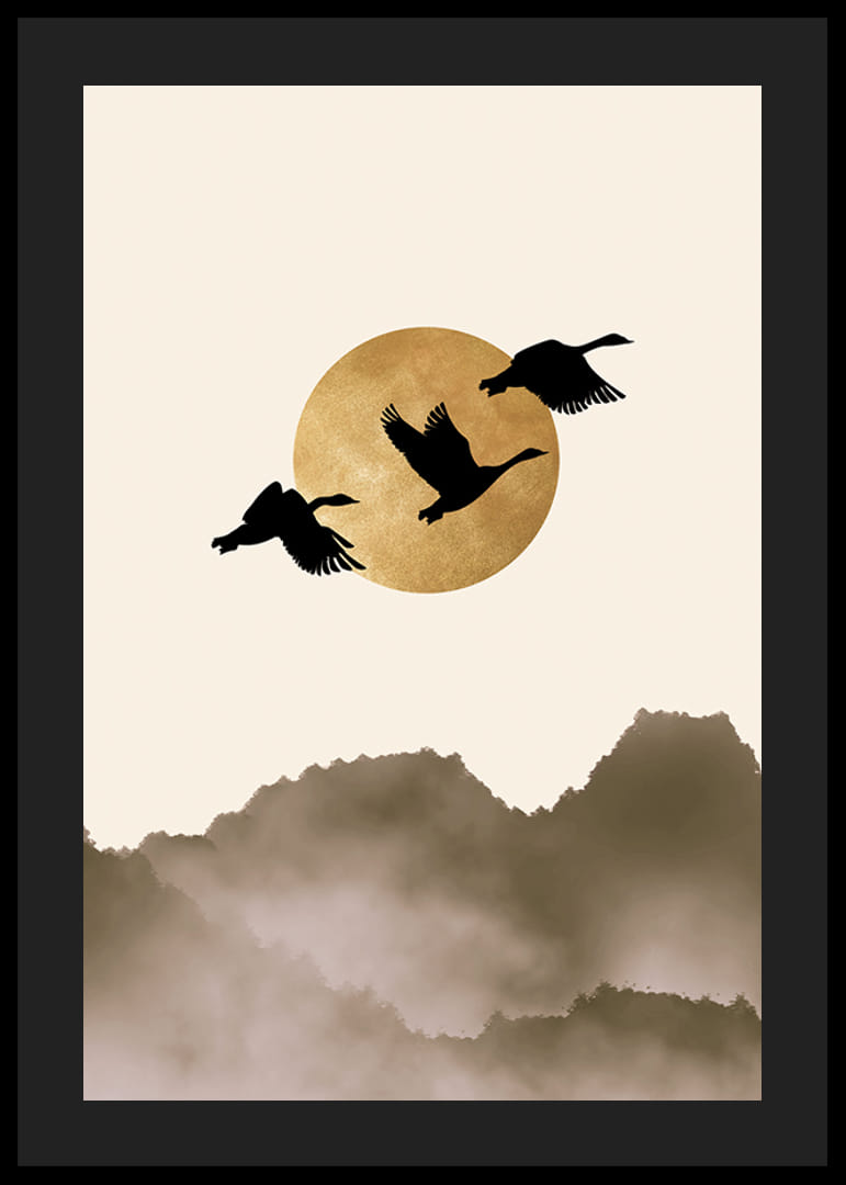 Abstrakt illustration av tre fåglar mot gul sol och dimmiga berg-12