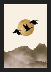 Abstrakt illustration av tre fåglar mot gul sol och dimmiga berg-5