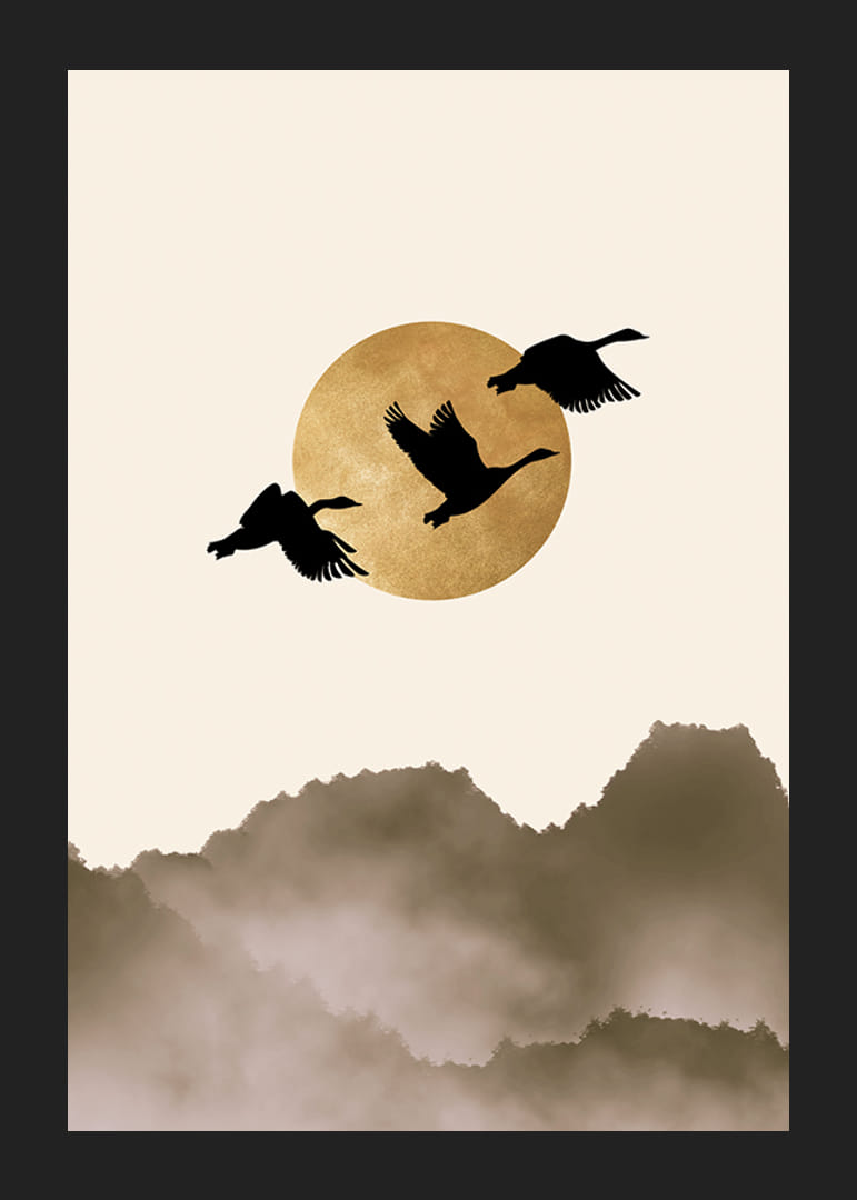 Abstrakt illustration av tre fåglar mot gul sol och dimmiga berg-12