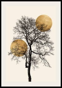 Abstract black tree with two golden suns on beige background-2